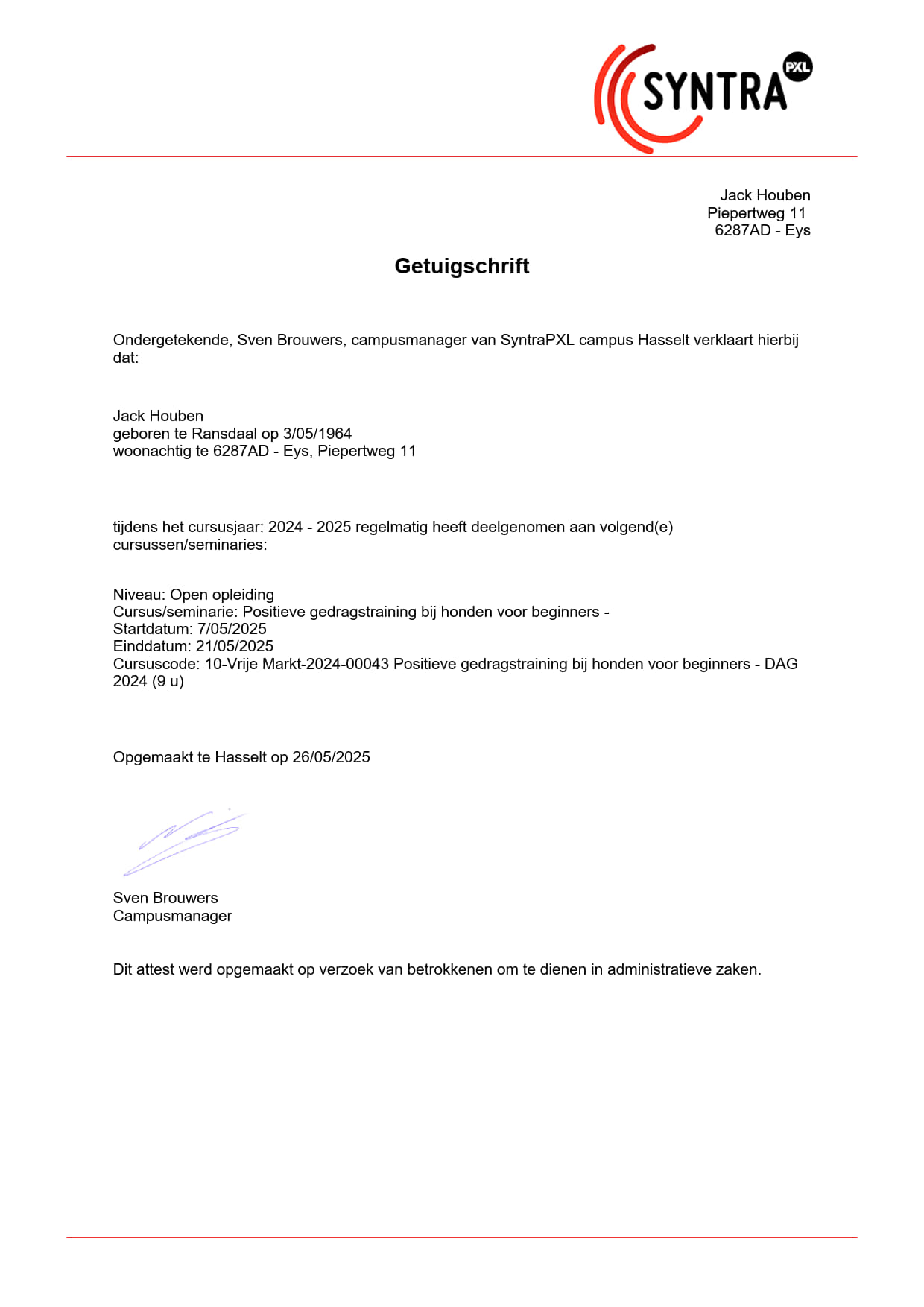 Getuigschrift Positieve Gedragstraining bij Honden